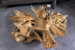 Runder Couchtisch ROOT 100cm natur Teak Massivholz aus Wurzelholz mit Glasplatte