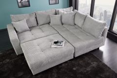 Modernes Ecksofa KENT 220cm hellgrau Cord inkl. Hocker Federkern L-Form Wohnlandschaft