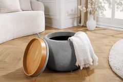 Runder Couchtisch ORBIT 50cm grau Bouclé Hocker mit Tablett und Stauraum
