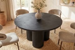 Design Esstisch BABYLON 120cm schwarz Fischgrät Eiche rund mit drei Säulenfüßen