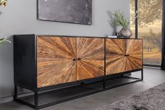 Massives Sideboard BARRACUDA 180cm braun Mangoholz mit Teakholz-Front schwarz Metall