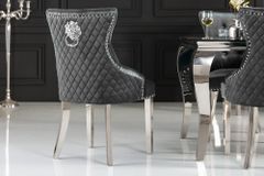 Eleganter Stuhl CASTLE DELUXE grau Samt Löwenkopf Chesterfield Design Esszimmerstuhl Nieten