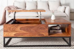 Höhenverstellbarer Couchtisch MAKASSAR FUNCTION 110cm braun Sheesham Massivholz stone finish
