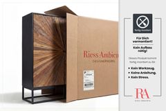 Massives Highboard BARRACUDA 120cm braun Mangoholz mit Teakholz-Front schwarz Metall