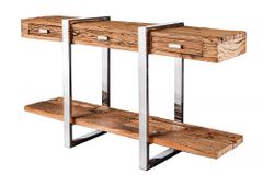 Massivholz Konsolentisch BARRACUDA 140cm braun Teakholz silber Edelstahl verchromt mit Schubladen
