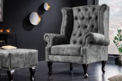 Design Ohrensessel CHESTERFIELD 105cm grau Samt silber Nieten