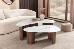 2er Set Couchtische OSAKA 120cm weiß Marmor Keramik Walnuss