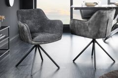 Drehbarer Stuhl VERONA dunkelgrau Samt Strukturstoff mit Armlehne Metallbeine schwarz