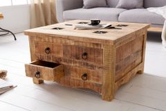 Massiver Couchtisch IRON CRAFT 70cm natur Holz Truhe mit Schubladen und Stauraum