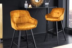 Design Barhocker EUPHORIA senfgelb Samt schwarze Metallbeine Barstuhl mit Lehne