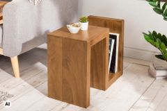 Handgearbeiteter Beistelltisch S 60cm braun honey finish Mangoholz mit Ablage variabel stellbar