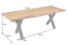 Massivholz Esstisch MAMMUT 300cm Akazie X-Gestell schwarz Metall Baumkante 6cm Tischplatte