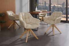Drehbarer Design Stuhl PAPILLON beige Samt Eiche Massivholz mit Armlehnen