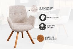 Drehbarer Design Stuhl BALTIC beige Bouclé natur Eiche Massivholz-Beine mit Armlehne