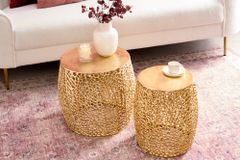 2er Set Filigraner Design Couchtisch ABSTRACT LEAF gold Handarbeit Metall rund