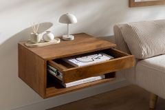 Hängender Nachttisch PURE 50cm braun Mangoholz honey finish Wandregal Schublade