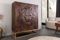 Massives Highboard LION 120cm braun Mangoholz gold Metall 3D Schnitzereien Kunstwerk