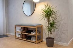 Stilvolle Schuhbank ZEN-BO 80cm natur grau Bambus Regal Sitzbank mit Stauraum