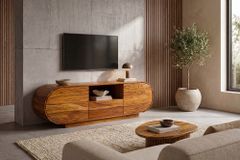 Massives TV-Board ORGANIKO 160cm braun Sheeshamholz stone finish ovales Lowboard