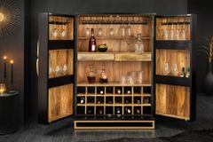 Extravaganter Barschrank ANGEL 140cm schwarz Mangoholz mit goldenen Flügeln