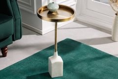 Design Beistelltisch TRAYFUL 60cm antik gold weißer Marmorfuß handmade rund