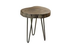 Runder Beistelltisch GOA 45cm grau Akazie Massivholz Baumscheibe Hairpin Legs Metall