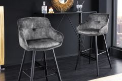 Design Barhocker EUPHORIA grau Samt schwarze Metallbeine Barstuhl mit Lehne