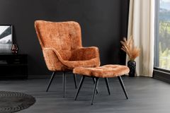 Design Sessel SCANDINAVIA rost braun Chenille Cremona schwarz Metall mit Armlehne