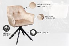 Design Stuhl LOFT champagner Samt drehbar Metallgestell schwarz mit Armlehne