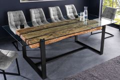 Design Glas Esstisch BARRACUDA 220cm natur Teak Massivholz schwarz Kufengestell