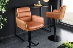 Drehbarer Design Barhocker BIG GEORGE cognac Echtleder höhenverstellbar mit Armlehnen