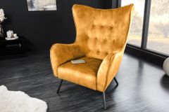 Design XL Sessel AMSTERDAM senfgelb Samt schwarze Metallbeine Retro Stil