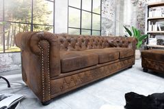 Chesterfield 3-Sitzer Sofa 205cm antik braun Microfaser Federkern Knopfheftung