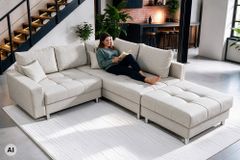 Wohnlandschaft KENT 220cm beige Strukturstoff  Ecksofa Federkern inkl. Hocker
