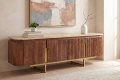 Design TV-Board GATSBY 160cm braun gold Mangoholz mit Travertin Metallgestell