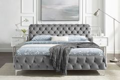 Design Bett MODERN BAROCK 160x200cm grau Samt Chesterfield Doppelbett
