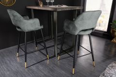 Design Barhocker PARIS grün Samt mit Lehne Metall schwarz gold Ziersteppung