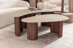 2er Set Couchtische OSAKA 120cm champagner greige Travertin Keramik Walnuss