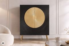 Massives Highboard AURUM 120cm schwarz Mangoholz mit ikonischem Gold-Element