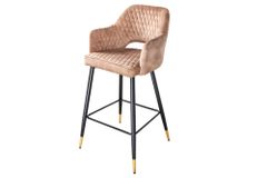 Design Barhocker PARIS greige Samt mit Lehne Metall schwarz gold Ziersteppung