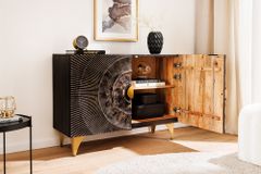 Massives Sideboard GOLDEN SUNSET 100cm schwarz Mangoholz 3D Schnitzerei gold Metall
