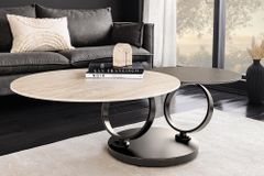 Design Couchtisch DANCING RINGS rost rund drehbar Travertin Keramik schwarz Gestell