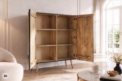 Massives Highboard AURUM 120cm schwarz Mangoholz mit ikonischem Gold-Element