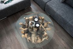Design Couchtisch NATURE LOUNGE 60cm Teakholz mit runder Glasplatte Beistelltisch