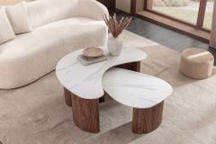 2er Set Couchtische OSAKA 120cm weiß Marmor Keramik Walnuss