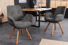 Drehbarer Design Stuhl BALTIC dunkelgrau Bouclé natur Eiche Massivholz mit Armlehne