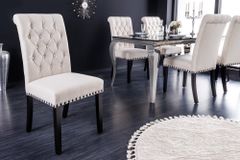 Design Stuhl CASTLE beige schwarz Strukturstoff Holzfüße Chesterfield
