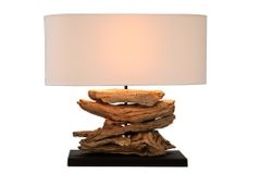 Handgearbeitete Treibholz Lampe RIVERINE 55cm creme Leinenschirm Tischleuchte