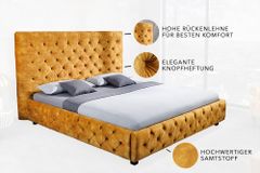 Queensize Doppelbett PARIS 160x200cm senfgelb Samt Chesterfield Design