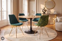 Design Stuhl SCANDINAVIA MEISTERSTÜCK grün Chenille gold Metall Monstera-Blatt